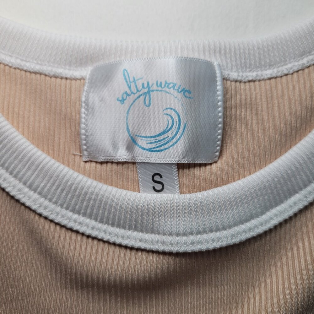 Salty Wave Ribbed Ringer Tank Top Beige Tan High Neck Racerback Small Coastal - Picture 5 of 8